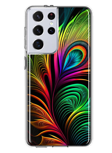 Samsung Galaxy S21 Ultra Neon Rainbow Glow Peacock Feather Hybrid Protective Phone Case Cover