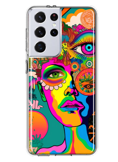 Samsung Galaxy S21 Ultra Neon Rainbow Psychedelic Hippie One Eye Pop Art Hybrid Protective Phone Case Cover