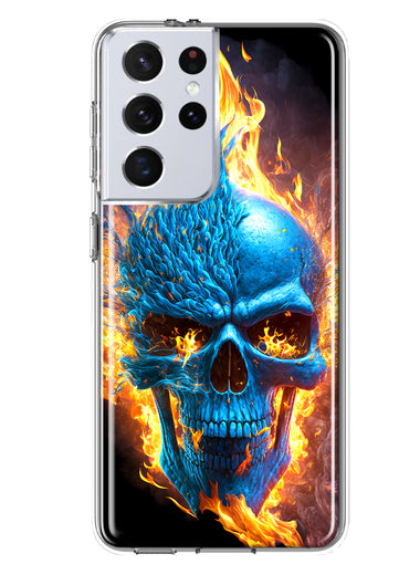 Samsung Galaxy S21 Ultra Blue Flaming Skull Burning Fire Double Layer Phone Case Cover