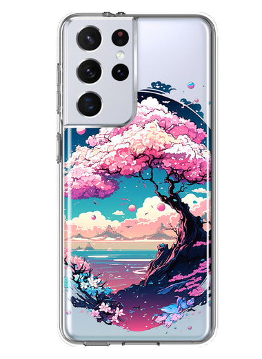 Samsung Galaxy S21 Ultra Kawaii Manga Pink Cherry Blossom Japanese Sky Floral Ocean Hybrid Protective Phone Case Cover