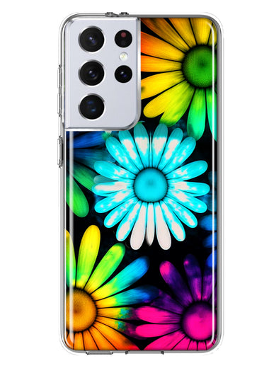 Samsung Galaxy S21 Ultra Neon Rainbow Daisy Glow Colorful Daisies Baby Blue Pink Yellow White Double Layer Phone Case Cover