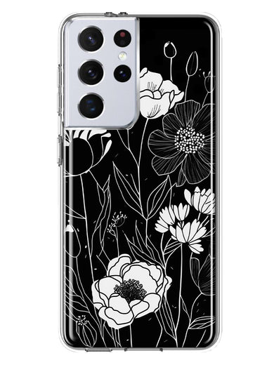 Samsung Galaxy S21 Ultra Line Drawing Art White Floral Flowers Hybrid Protective Phone Case Cover