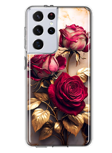 Samsung Galaxy S21 Ultra Romantic Elegant Gold Marble Red Roses Double Layer Phone Case Cover