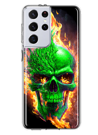 Samsung Galaxy S21 Ultra Green Flaming Skull Burning Fire Double Layer Phone Case Cover