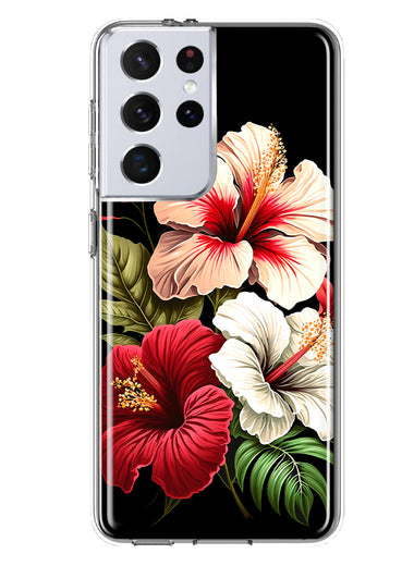 Samsung Galaxy S21 Ultra Pink Red Hibiscus Wild Flowers Floral Hybrid Protective Phone Case Cover