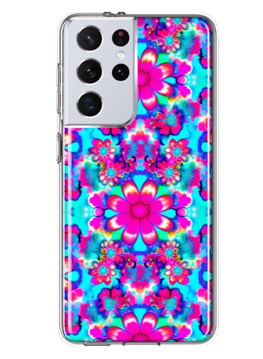 Samsung Galaxy S21 Ultra Pink Blue Vintage Hippie Tie Dye Flowers Hybrid Protective Phone Case Cover