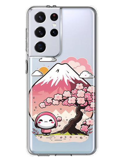 Samsung Galaxy S21 Ultra Kawaii Manga Pink Cherry Blossom Fuji Mountain Mochi Girl Hybrid Protective Phone Case Cover