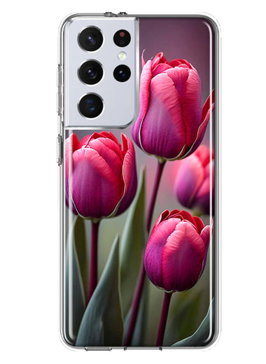 Samsung Galaxy S21 Ultra Pink Tulip Flowers Floral Hybrid Protective Phone Case Cover