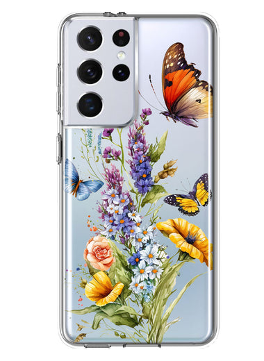 Samsung Galaxy S21 Ultra Yellow Purple Spring Flowers Butterflies Floral Hybrid Protective Phone Case Cover