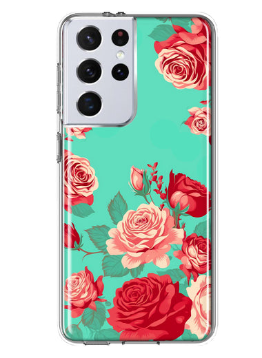 Samsung Galaxy S21 Ultra Turquoise Teal Vintage Pastel Pink Red Roses Double Layer Phone Case Cover