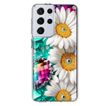 Samsung Galaxy S21 Ultra Colorful Crystal White Daisies Rainbow Gems Teal Double Layer Phone Case Cover