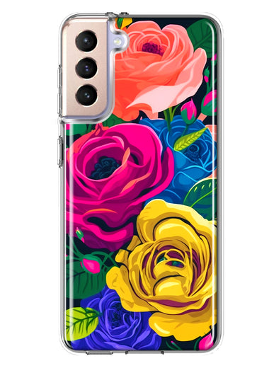 Samsung Galaxy S21 Plus Vintage Pastel Abstract Colorful Pink Yellow Blue Roses Double Layer Phone Case Cover