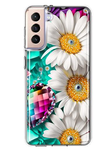 Samsung Galaxy S22 Plus Colorful Crystal White Daisies Rainbow Gems Teal Double Layer Phone Case Cover