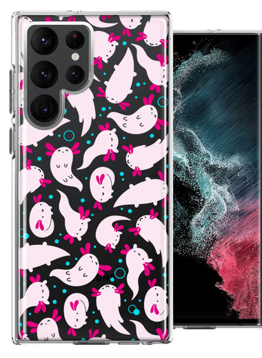 Samsung Galaxy S22 Ultra Pink Happy Swimming Axolotls Polka Dots Double Layer Phone Case Cover