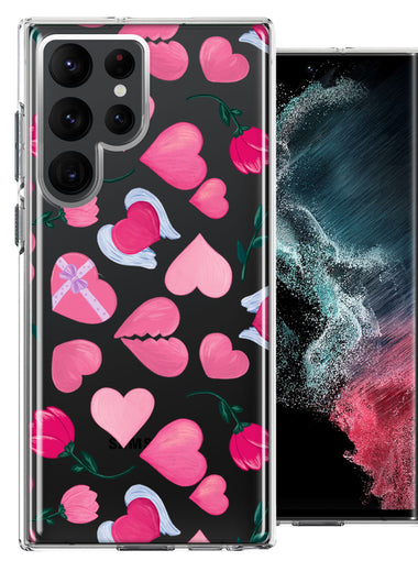 Samsung Galaxy S22 Ultra Pretty Valentines Day Hearts Chocolate Candy Angel Flowers Double Layer Phone Case Cover