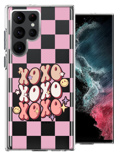 Samsung Galaxy S22 Ultra Retro Pink Checkered XOXO Vintage 70s Style Hippie Valentine Love Double Layer Phone Case Cover