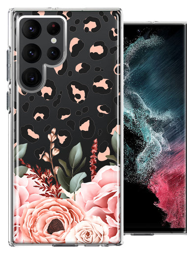 For Samsung Galaxy S22 Ultra Classy Blush Peach Peony Rose Flowers Leopard Phone Case Cover