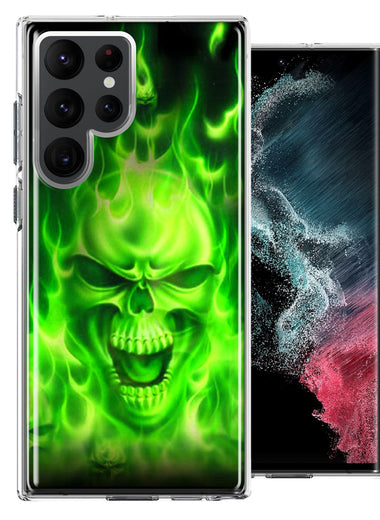 Samsung Galaxy S22 Ultra Green Flaming Skull Double Layer Phone Case Cover