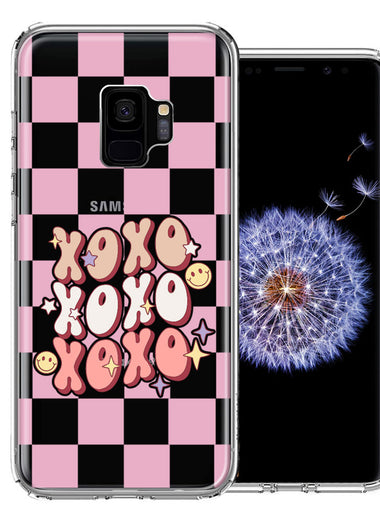 Samsung Galaxy S9 Retro Pink Checkered XOXO Vintage 70s Style Hippie Valentine Love Double Layer Phone Case Cover