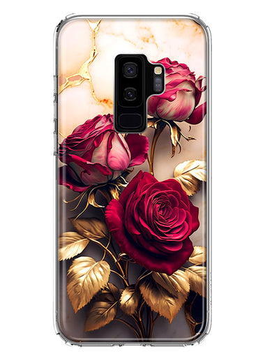 Samsung Galaxy S9 Plus Romantic Elegant Gold Marble Red Roses Double Layer Phone Case Cover