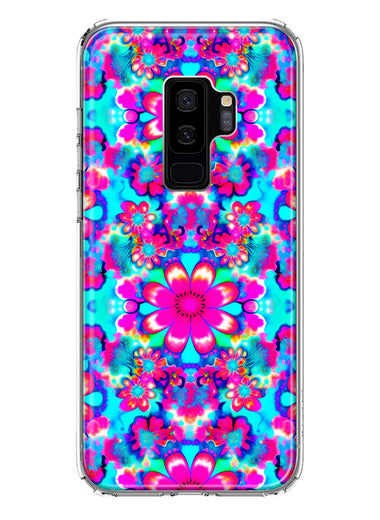 Samsung Galaxy S9 Plus Pink Blue Vintage Hippie Tie Dye Flowers Hybrid Protective Phone Case Cover