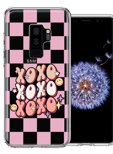 Samsung Galaxy S9 Plus Retro Pink Checkered XOXO Vintage 70s Style Hippie Valentine Love Double Layer Phone Case Cover