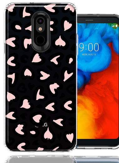 LG Stylo 4 Cute Pink Leopard Print Hearts Valentines Day Love Double Layer Phone Case Cover