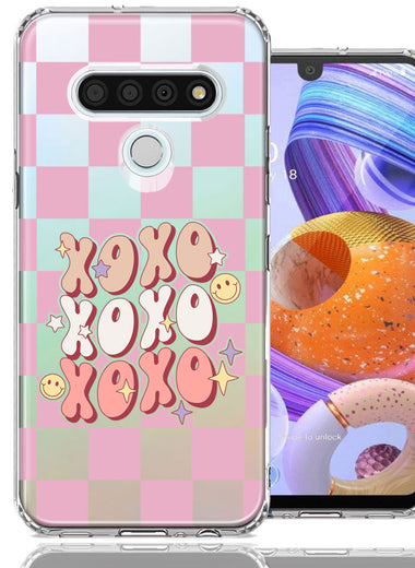 LG Stylo 6 Retro Pink Checkered XOXO Vintage 70s Style Hippie Valentine Love Double Layer Phone Case Cover