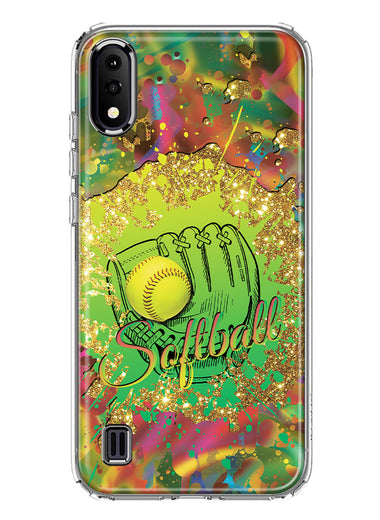 Samsung Galaxy A01 Love Softball Girls Glove Green Tie Dye Swirl Paint Hybrid Protective Phone Case Cover