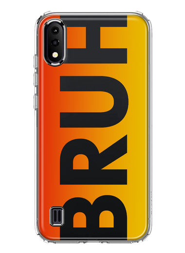 Samsung Galaxy A01 Orange Red Clear Funny Text Quote Bruh Hybrid Protective Phone Case Cover