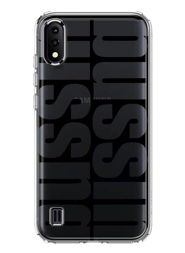 Samsung Galaxy A01 Black Clear Funny Text Quote Bussin Hybrid Protective Phone Case Cover