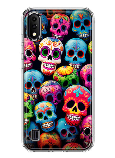 Samsung Galaxy A01 Halloween Spooky Colorful Day of the Dead Skulls Hybrid Protective Phone Case Cover