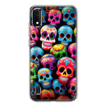 Samsung Galaxy A01 Halloween Spooky Colorful Day of the Dead Skulls Hybrid Protective Phone Case Cover