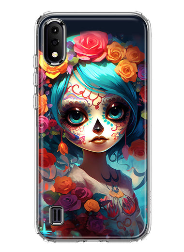 Samsung Galaxy A01 Halloween Spooky Colorful Day of the Dead Skull Girl Hybrid Protective Phone Case Cover