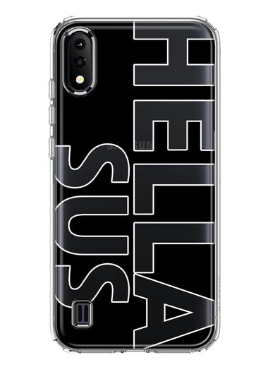 Samsung Galaxy A01 Black Clear Funny Text Quote Hella Sus Hybrid Protective Phone Case Cover