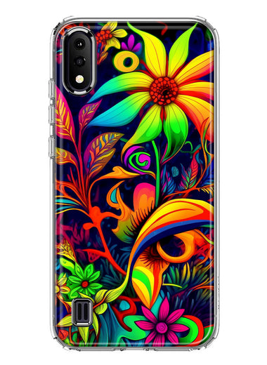 Samsung Galaxy A01 Neon Rainbow Psychedelic Trippy Hippie Daisy Flowers Hybrid Protective Phone Case Cover