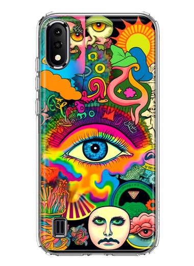 Samsung Galaxy A01 Neon Rainbow Psychedelic Trippy Hippie Multiple Eyes Hybrid Protective Phone Case Cover