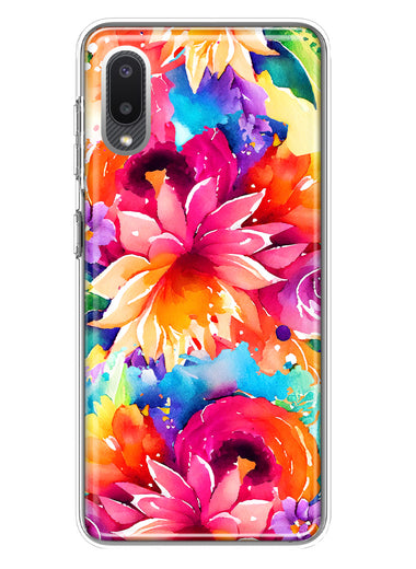 Samsung Galaxy A02 Watercolor Paint Summer Rainbow Flowers Bouquet Bloom Floral Hybrid Protective Phone Case Cover