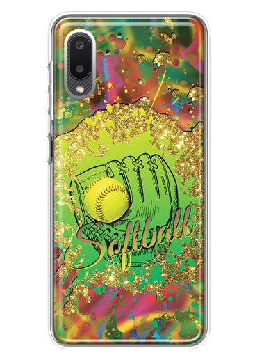 Samsung Galaxy A02 Love Softball Girls Glove Green Tie Dye Swirl Paint Hybrid Protective Phone Case Cover