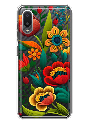 Samsung Galaxy A02 Colorful Red Orange Folk Style Floral Vibrant Spring Flowers Hybrid Protective Phone Case Cover