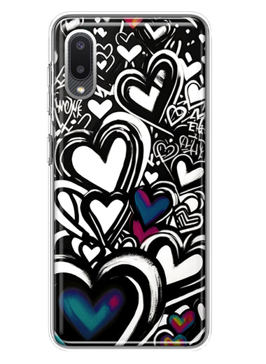 Samsung Galaxy A02 Black White Hearts Love Graffiti Hybrid Protective Phone Case Cover
