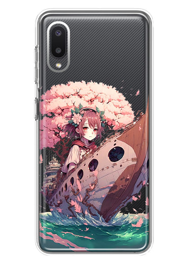 Samsung Galaxy A02 Kawaii Manga Pink Cherry Blossom Japanese Girl Boat Hybrid Protective Phone Case Cover