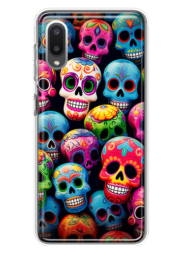 Samsung Galaxy A02 Halloween Spooky Colorful Day of the Dead Skulls Hybrid Protective Phone Case Cover