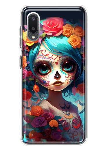 Samsung Galaxy A02 Halloween Spooky Colorful Day of the Dead Skull Girl Hybrid Protective Phone Case Cover