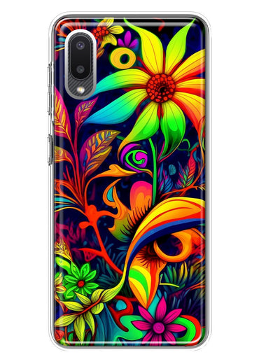 Samsung Galaxy A02 Neon Rainbow Psychedelic Trippy Hippie Daisy Flowers Hybrid Protective Phone Case Cover