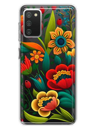 Samsung Galaxy A02S Colorful Red Orange Folk Style Floral Vibrant Spring Flowers Hybrid Protective Phone Case Cover