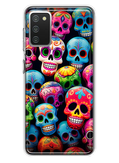 Samsung Galaxy A02S Halloween Spooky Colorful Day of the Dead Skulls Hybrid Protective Phone Case Cover