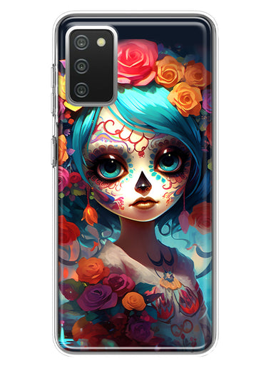 Samsung Galaxy A02S Halloween Spooky Colorful Day of the Dead Skull Girl Hybrid Protective Phone Case Cover