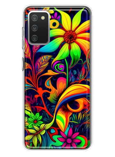 Samsung Galaxy A02S Neon Rainbow Psychedelic Trippy Hippie Daisy Flowers Hybrid Protective Phone Case Cover