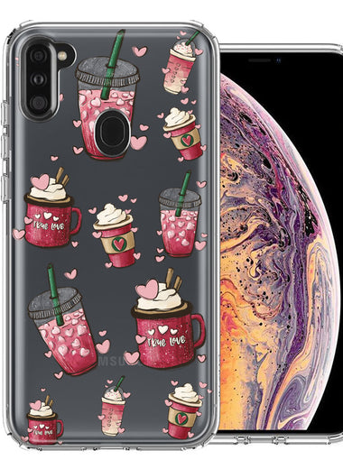 Samsung Galaxy A11 Coffee Lover Valentine's Hearts Pink Drink Latte Double Layer Phone Case Cover